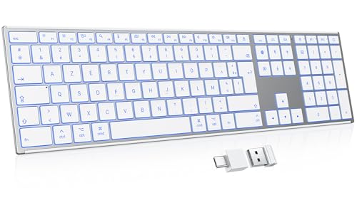 OMOTON Aluminium Wireless Mac Keyboard, 2.4G & Bluetooth (BT1/BT2), AZERTY Backlit Keyboard for Apple Macbook Pro/Air, Mac Mini, iMac, iMac Pro, Silent Rechargeable, Silver