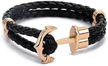 Pulseras Pulseiras High Quality Fashion Jewelry PU Leather Bracelet Men Anchor Bracelets for Women (Gold Black)