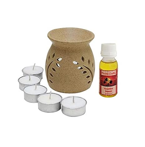 Maxime Candles Brown Spotted Ceramic Aroma Diffuser with Aroma Oil and Tealight Candle Set (8 cm x 8 cm x 8.5 cm, Beige, MR186/CoastlineSunset)