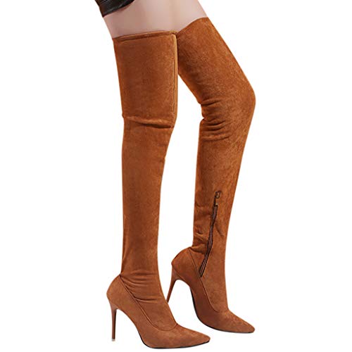 Dermanony Womens Over Knee High Heel Boots Fashion Flock Pointed Toe Zipper High Boots Solid Color High Heel Shoes Brown