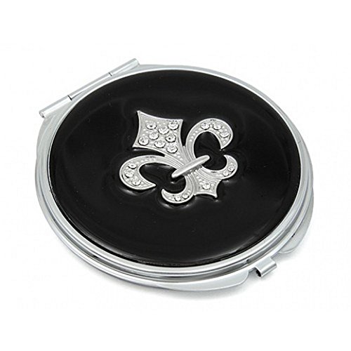 Pocket Mirror - Enamel w/ Rhinestone Fleur De Lis Charm -Black - MR-GM1259B