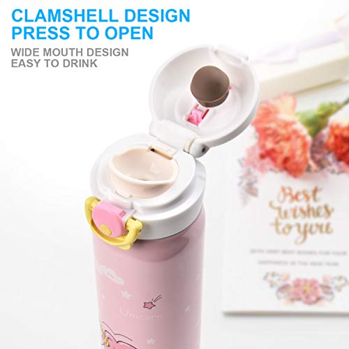 Kids Water Bottle Thermoses Unicorn Water Bottle Cup Metal Stainless Steel Vacuum Insulated Water Flask for School Kids Girls Lunch Box Leak Proof BPA Free Pink Unicorn