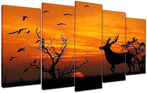 Wallfeeling Arts Sunset Deer Canvas Print Picture for Living Room Decoration Stretched XLarge 5 Panels Painting Wall Art Print on Yellow Canvas- High Definition Modern Home Decor