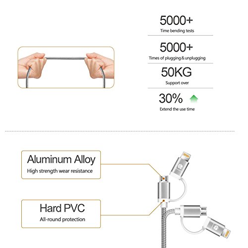 HUNDA [1Pack] 2 in 1 Micro USB and iPhone Charging Cable Compatible with iPhone Xs MAX XR X 8 8Plus iPad Samsung Kindle, Nexus, LG, HTC Android Data Cable (2 in 1 Gray-1 Pack) - Thumbnail 4