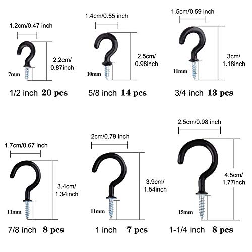 Schraubhaken, Vinyl beschichtet Cup Haken 70 Stück 6 Größen Deckenhaken Set Hakenschrauben für Tassen Haushaltsgegenstände Weiß (Schwarz)