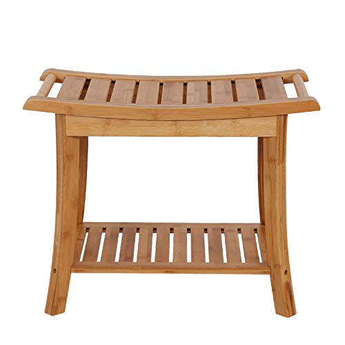 Bamboo Shower Bench Wooden Bathroom Stool with 2Tier Storage Shelf for