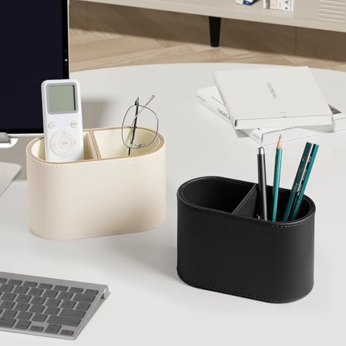 PU Leather Pen Holders, 2-Compartment Pencil Holder, Small Desk Organizer for Remote Controls, Markers, Scissors, Office Supplies, Home, School, and Office Desk Accessories (Beige)