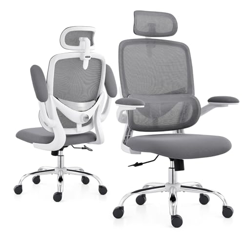 TONFARY Ergonomic Home Office Chair, High Back Mesh Desk Chair with Adjustable Lumbar Support, Flip-up Armrest, Removable Headrest, Swivel Computer Gaming Chair, Space Saving, 150KG (White+Grey)