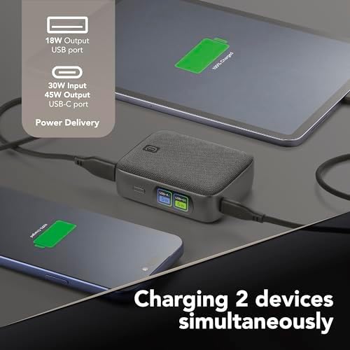 Powerbank PowerView IQ 10.000 mAh mit TFT-Display, USB-C 45 W Ausgang, USB-A 18 W Ausgang, gleichzeitiges Laden von 2 Geräten, kompaktes Design, Stoff-Finish