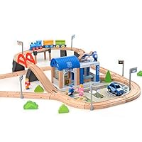 ZONXIE Wooden Train Track Sets Fits Thomas Brio Play Train Set with Bridge Battery Operated Play Set Police Office Deluxe Accessories Railway for Kids Toddlers Age 1 and Up (90pcs)