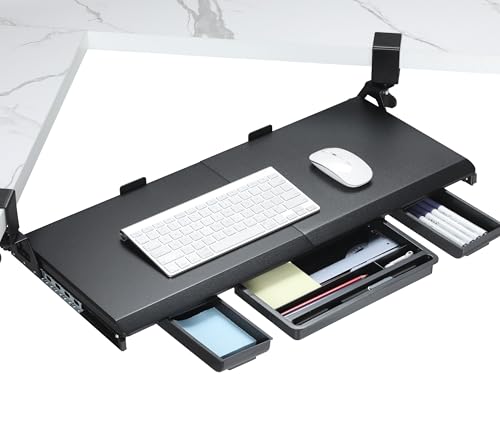 ETHU Keyboard Tray Under Desk, Corner Keyboard Tray with 45° Adjustable C Clamp for L Shaped Desk, Computer Keyboard & Mouse Tray Smooth Slide Out for Typing, 26.77" W x 11.81" D, Black