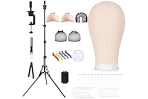 TwoWin Wig Head Stand Set, 63inch Tall Wig Stand Tripod with Mannequin Head Included, 23'' Canvas Block Mannequin Head for Wigs Making Display Styling with Wig Caps, Wig T Pins, Table Clamp