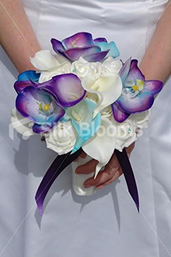 Amazon Com Silk Blooms Ltd Galaxy Blue Orchid Lily Rose Tropical Bridal Wedding Bouquet Home Kitchen rose tropical bridal wedding bouquet