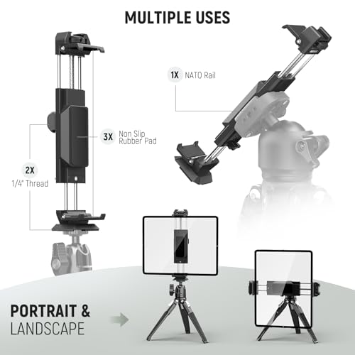 NEEWER Tablet Metal Holder for iPad Tripod Mount Adapter with Cold Shoe, Arca Type Base, NATO Interface, 1/4" Screw for iPad Mini Air Pro Surface Pro (7.9" to 12.9"), Universal Tablet Clamp, PA100