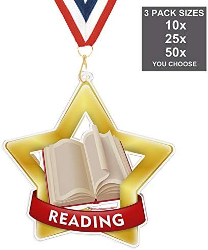 Trophy MonsterPack of 10x Reading Star Medals and Ribbons for Events & Schools | Made from Printed Acrylic | 60mm, 70mm, 80mm