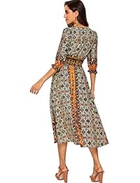 DIDK - Vestido de mujer Boho con cuello en V, estampado geométrico, manga de puff y botón