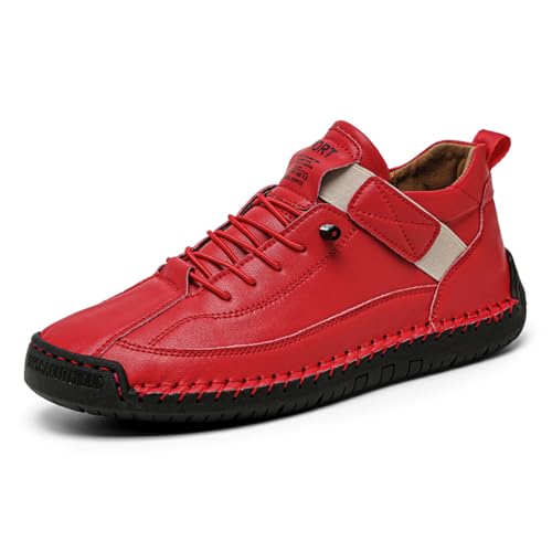 Women's Hand-stitched Chukka Ankle Boots Retro Elastic Lace Up Mid top Sneakers Casual Comfort Slip-On Outdoor Flat Walking Driving Shoes (Red,8) at Amazon