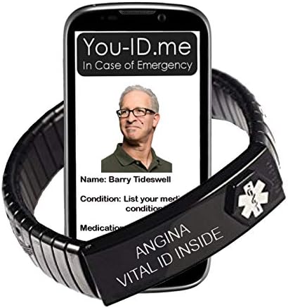 You ID MeAngina Medical Alert Bracelet. Expanding Stainless Steel Enclosure 2X ICE Insert Cards 100% Waterproof. Updateable. Works with www.You-ID.me Emergency ID SOS Alert Service