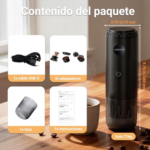 Cafetera Portátil 3 en 1, Presión para un Auténtico Espresso con Crema Espesa, Compatible con Cápsulas Nespresso y Café Molido, Autocalefactable para Viajes, Camping, Oficina y Hogar – Recarga USB-C