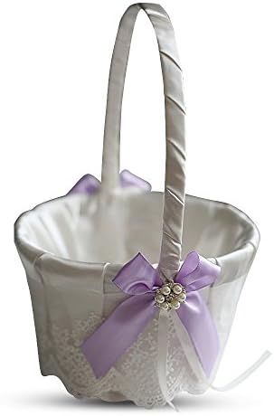 Alex Emotions Ivory Ring Bearer Pillow and Basket Set | Lace Collection | Flower Girl &amp; Welcome Basket For Guest | Handmade Wedding Baskets &amp; Pillows (VIOLET LILAC LAVENDER)