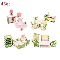 URToys 4Set Mini Cute Wooden Delicate Dollhouse Furniture Toys Miniature For Kids Children Funny Pretend Play Toys Role Playing Toy With Box