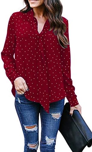 Women's Casual Polka Dot Roll Tab Long Sleeve Blouse