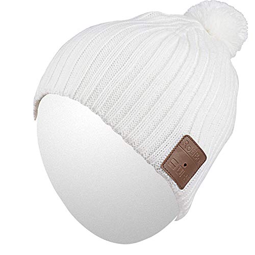 Qshell Unisex Adult Bluetooth Beanie Hat Trendy Soft Warm Short Audio Music Cap with Wireless Headphone Headset Speaker Mic Hands-free,Christmas Gift for Winter Outdoor Sport Skiing Snowboard - White
