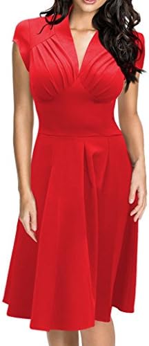 PARICI Womens Elegant Dress Deep V Neck Sexy Hepburm 1950S Vintage Swing Dress,Red,Medium(USA Size:4-6)