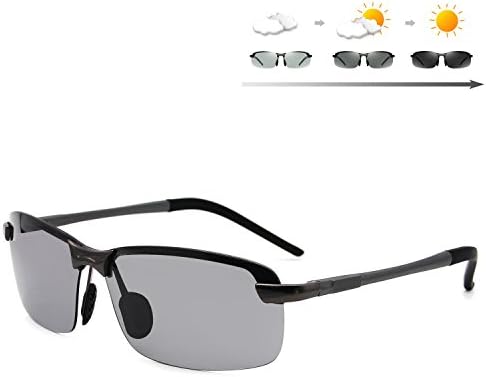 Galulas Sports Style Goggles Square Semi-Rimless Metal Eyewear Frames HD Polarized Discoloration Lenses All-weather Shades Driving Cycling Women and Men Sunglasses (Gun Grey Frame Discolor Lens, 65)