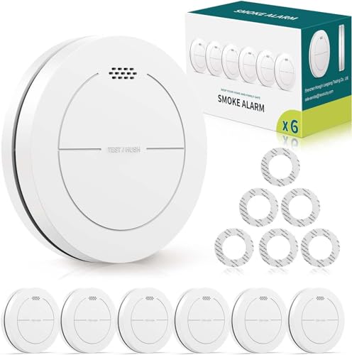 Smoke Detectors Set of 6, without Flashing LED, with 10 Year Battery, with Adhesive Pads, Mute Function, 85 dB Alarm Sound, Standalone Flat Fire Alarm for Home Fire Protection