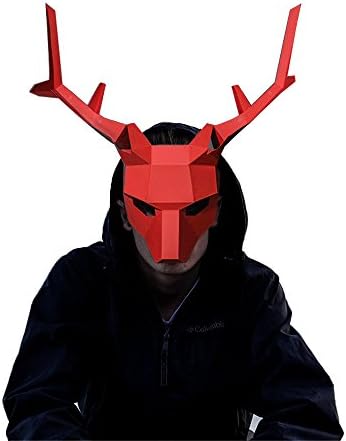 3D Paper Mask Animal Head Molds DIY Halloween Party Costume Cosplay Facial Paper-craft Kit (Antlers - red)