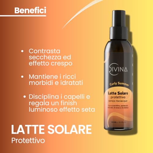 Divina BLK Curly Summer Sunscreen Leave-In Protection Sun Milk for Wavy, Curly and Super Curly Hair by Divina BLK with Hesperidin, Panthenol, Barley Extract and Lemon Balm (150ml)