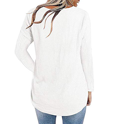 Long Sleeve Shirts for Women,Knot Waffle Knit Tunic Blouse Cute Shirts Tops (M, White)