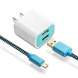 Power-7 Dual Port Wall Charger Adapter (2.1A/5V) with 6ft Braided Micro USB Cable Charging Set for Android Phone, Samsung S7/S6/Edge, Note 4/5, Blackberry, LG G3 G4, HTC, Sony, More (Blue)