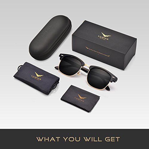 LUENX Men Semi Rimless Polarized Sunglasses UV 400 Protection Retro Classic Black Frame 51MM