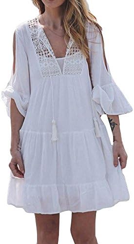 FALAIDUO Women V-Neck Dress Suit Lace Bikini Swimwear Beach Sexy Swimsuit Smock Blouse