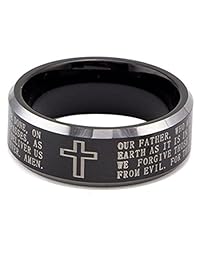 King Will Banda para anillo de bodas con acabado pulido, "La oración del Señor", de carburo de tungsteno, color negro, de 8 mm
