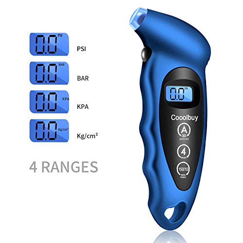 Cooolbuy Digital Tire Pressure Gauge 150 PSI 4 Settings with Backlight LCD and Non-Slip Grip-Button Cells,Tire Valve Caps,Carry Bag Included (Blue-1 Pack)