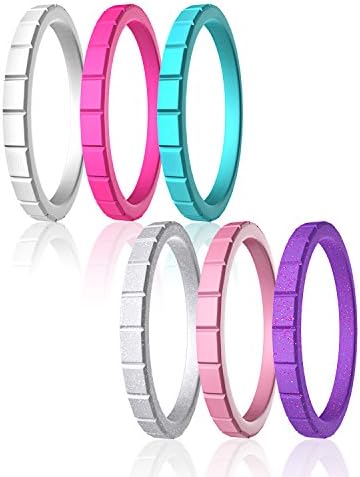 Marrimi Silicone Wedding Rings,Premium Silicone Wedding Bands for Women,Flexible,Skin Safe&Comfortable-6 Rings Pack,Rose Red,Silver,Turquoise,Metallic Pink,White,Purple with Rose Red Glitters