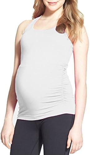 Long Maternity Fitted Tank Top with Side Ruching Scoop Neck Womens Basic Solid Pregnancy Clothes