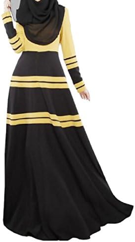 DressU Women's Muslim Slim Fitted Striped Abaya Party Vogue Dress Yellow S