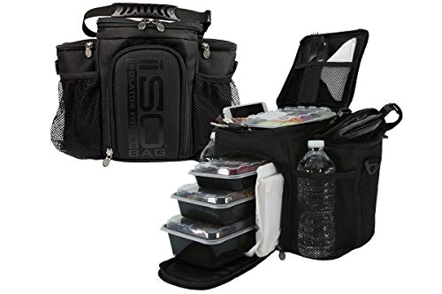 Meal-Prep-Bag-ISOBAG-3-Meal-Insulated-Lunch-Bag-Cooler-with-6-Stackable-Meal-Prep-Containers-2-Ice-Pack-ISOBRICKS-and-Shoulder-Strap-MADE-IN-USA-Blackout