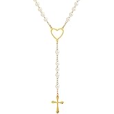 Edforce Stainless Steel Heart and Pearl Rosary with Cross, 29.5 inch