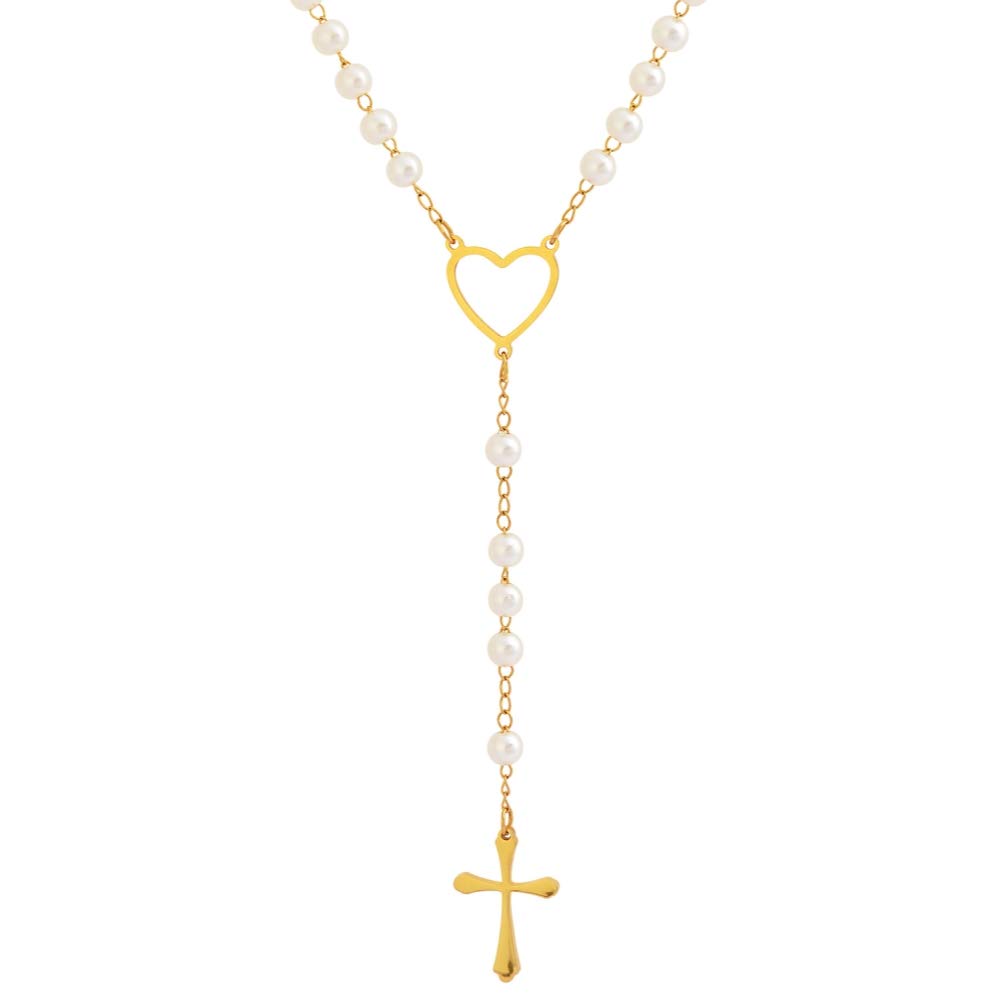 Edforce Stainless SteelHeart and Pearl Rosary with Cross, 29.5 inch