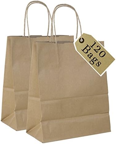 Incredible Packaging- 8" x 5" x 10" Brown Kraft Paper Bags with Handles for Shopping, Retail and Merchandise. Strong and Reusable - 80 Paper Thickness (Brown, 120 Bags)