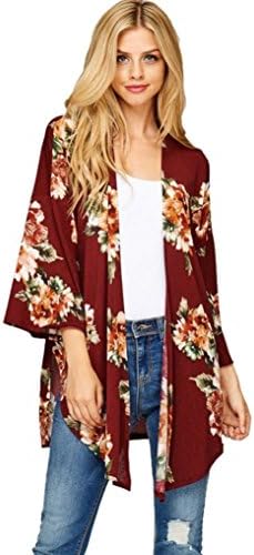 DRACLE Stylish Casual Loose Shawl Kimono Cardigan Top Blouse Floral Print - Women (XL, Wine Red)