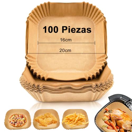 Papel para Freidora de Aire 100Pzs, Cuadrado Desechable Revestimiento de Papel Encerado de Horno, Antiadherente Resistente al Aceite, Accesorios de Freidora para Sartén Horno Microonda Vapor, 16*4.5cm