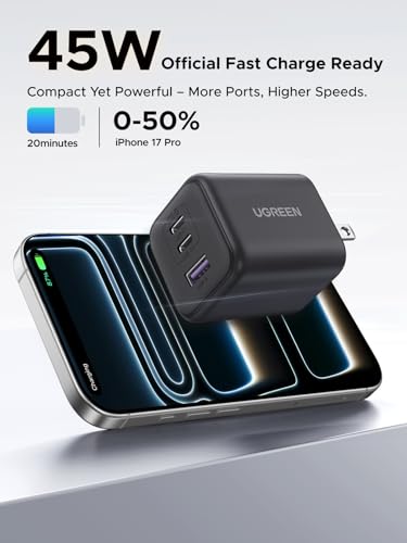 UGREEN 45W USB C Charger Block (5FT USB C Cable Included) with 2 USB C and USB A Ports, GaN PPS 3 Port Super Fast Charger for iPhone 17 Pro Max, Galaxy S26 S25 S24 Ultra, Pixel 10 9 Pro, iPad, MacBook