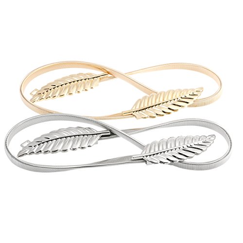Waist Belt Metal Leaves Elastic Waist Dress Belt Strap Waistband 2pcs (Golden Silver)