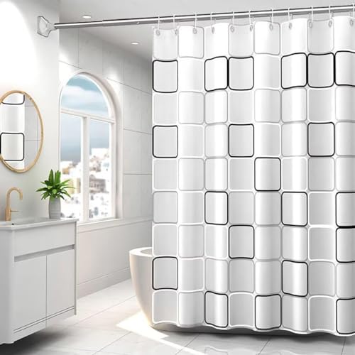 PANGP Cortina de Ducha para Baño, 180 * 200cm Cortinas de Regadera Impermeable de Patrón Cuadrado Grande con Ganchos, Cortina de PEVA Antimoho, Antibacteriano, para Duchas de Baño y Bañeras